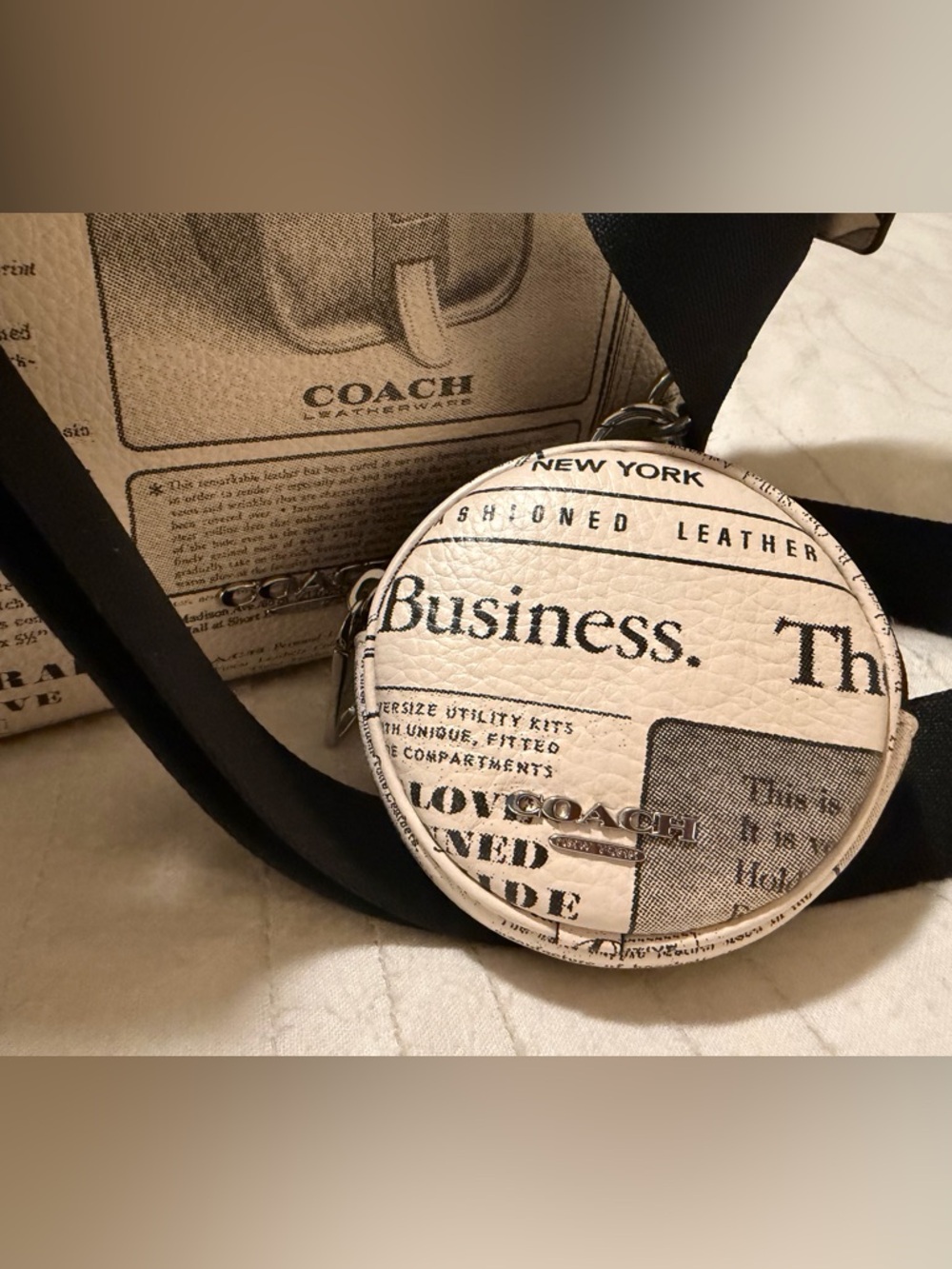 Coach Newspaper Print Shoulder Bag in Cream and Black - Picture 8 of 14